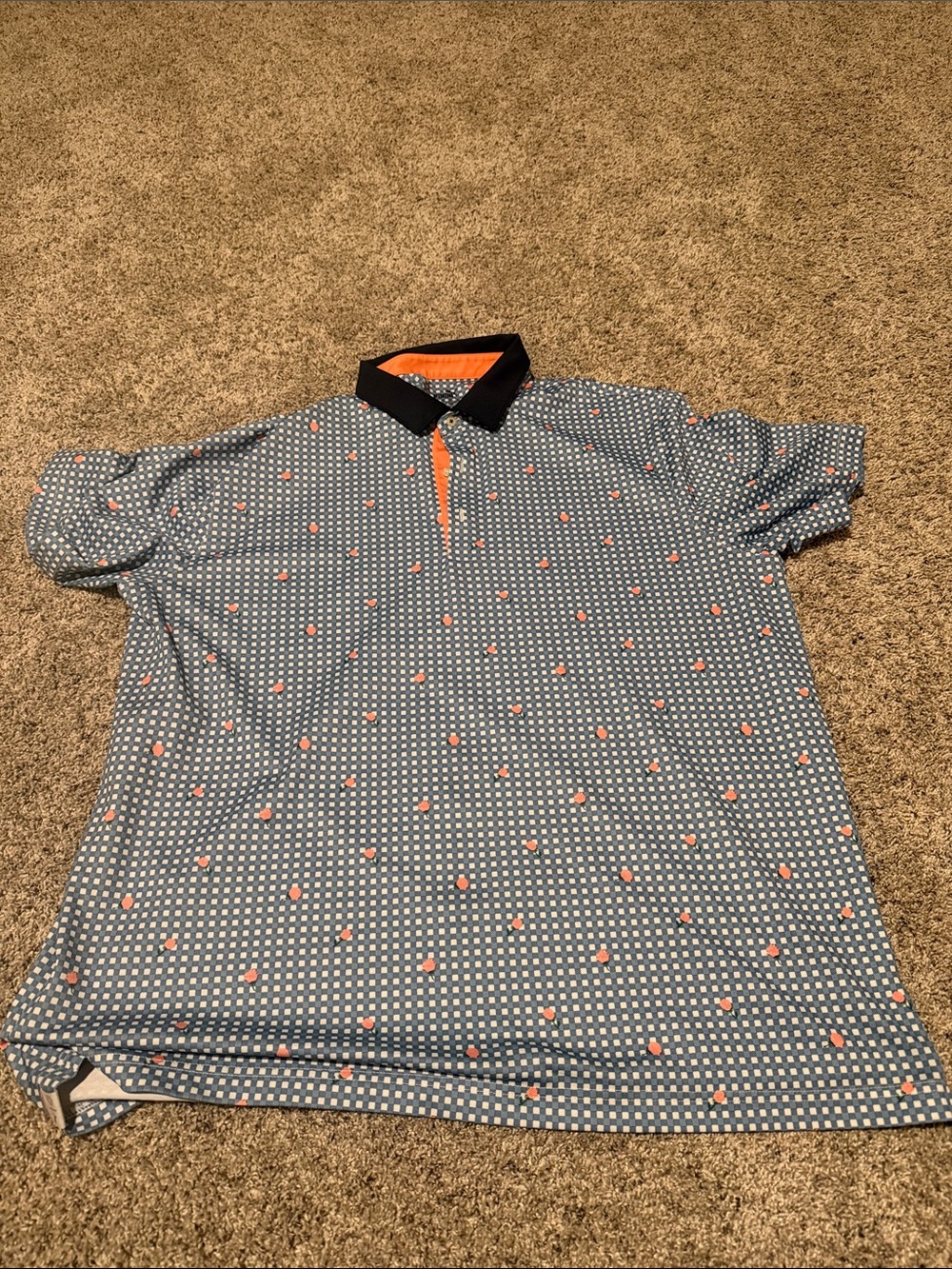 Puma Golf Pique Gingham  Blue Polo with Navy Collar and pink Accents